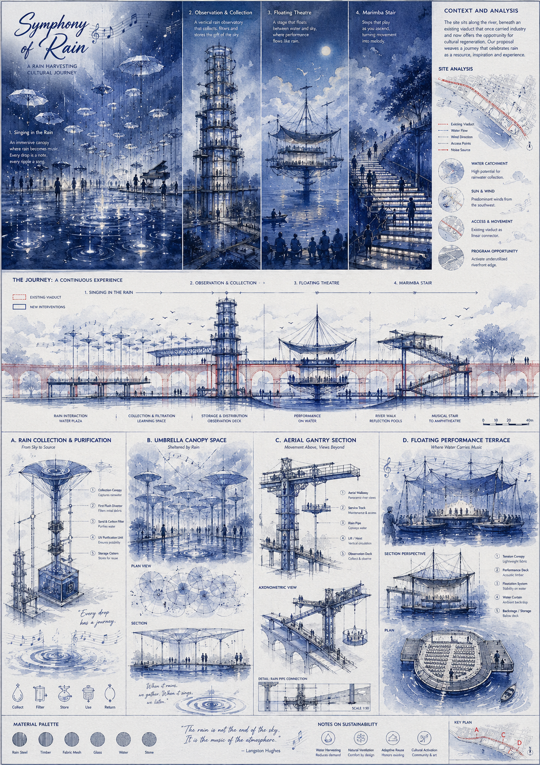 A complex, multi-panel architectural presentation board laid out in a grid, fea… AI image prompt example