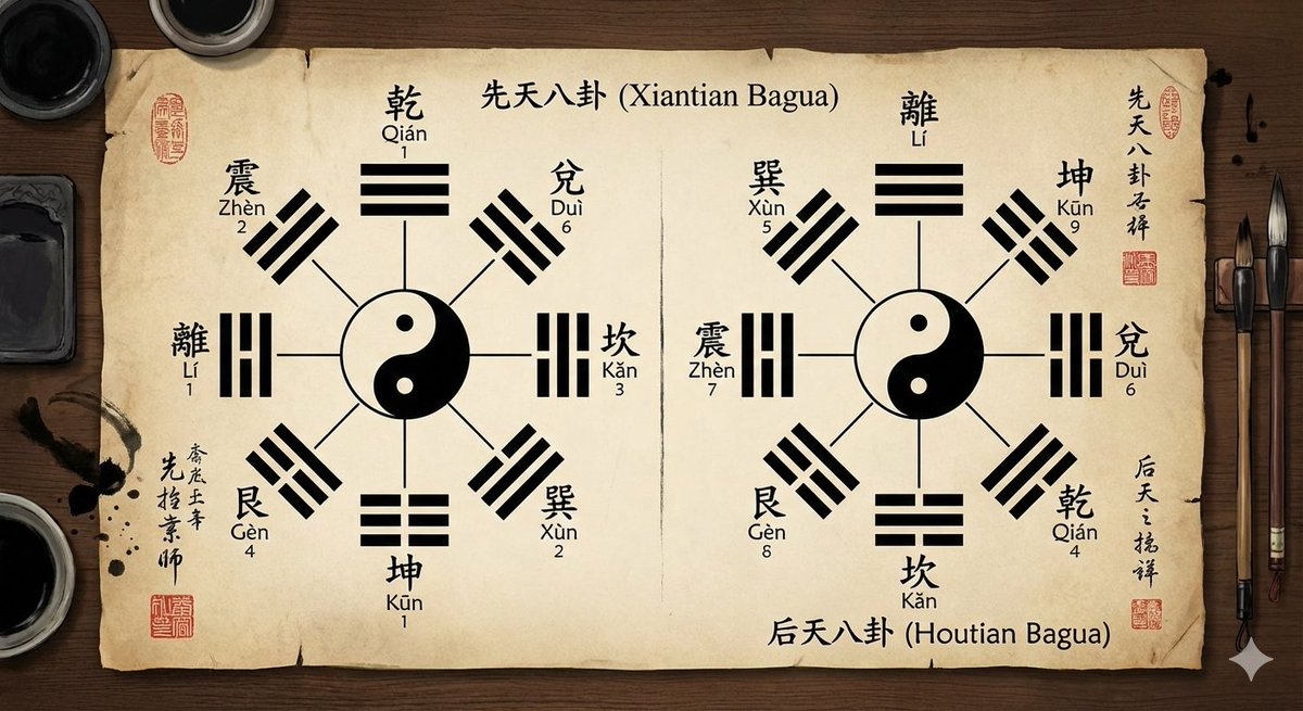 泛黄古籍风先天与后天八卦精准复刻 AI image prompt example