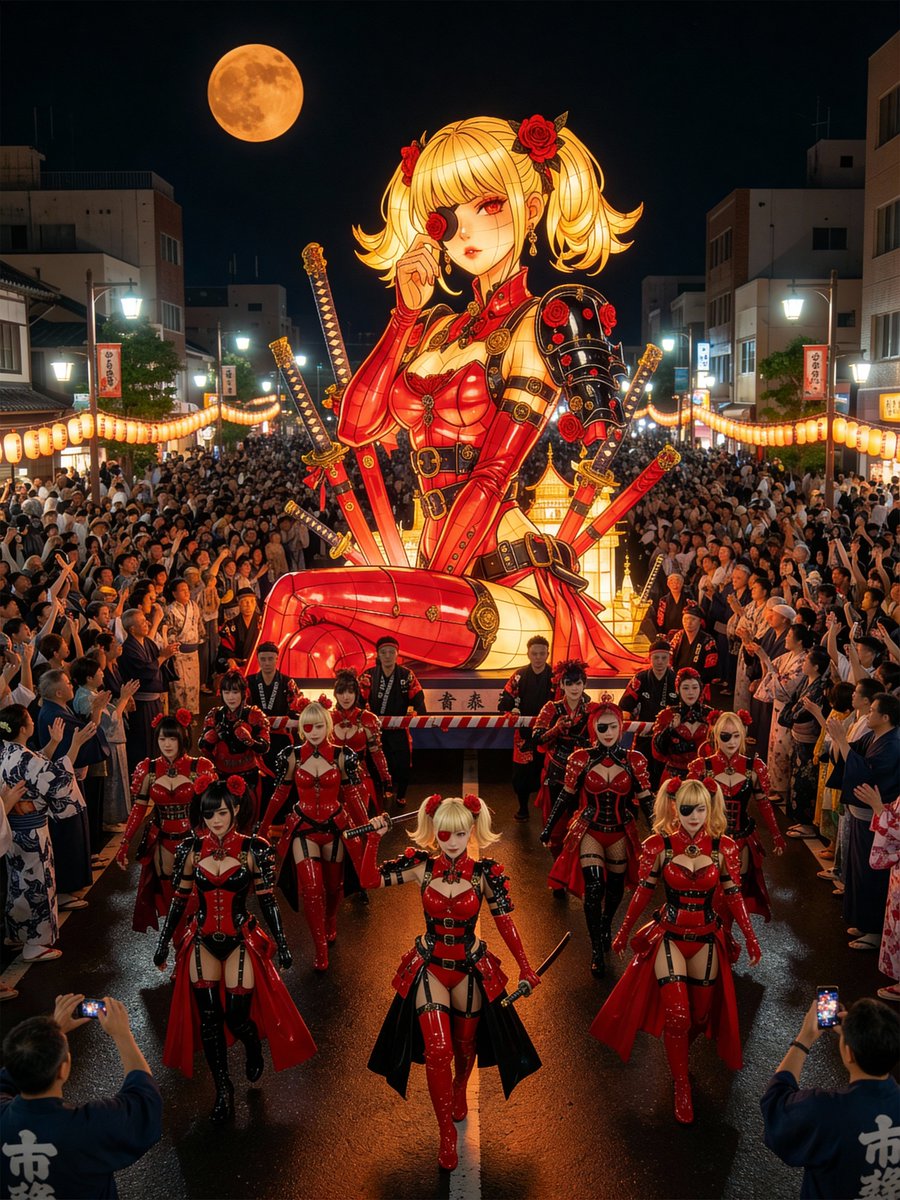 青森睡魔祭风格巨型花灯上的角色 AI image prompt example