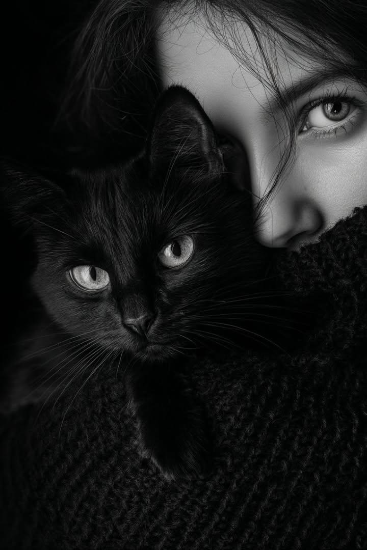 极致黑白光影下的女子与黑猫 AI image prompt example