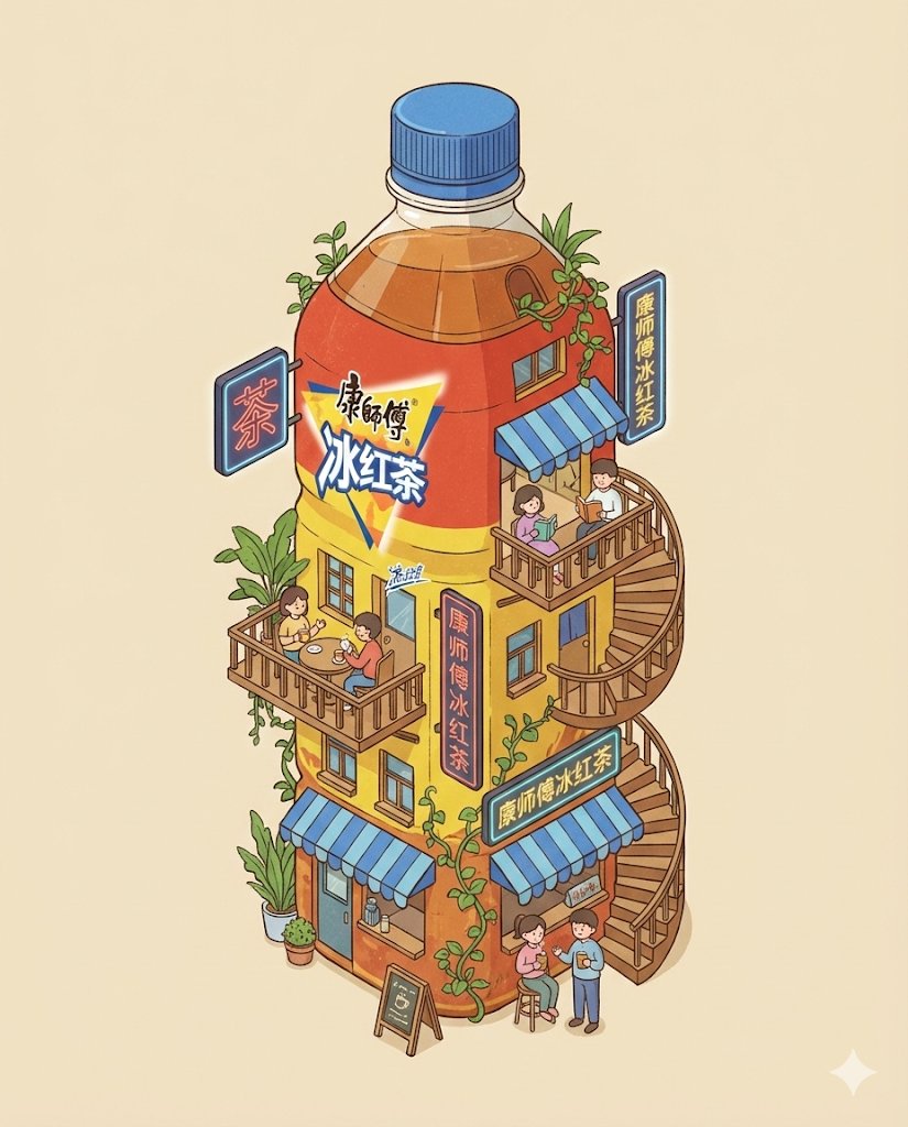 巨型可乐瓶变身繁华微型大楼的创意插画 AI image prompt example