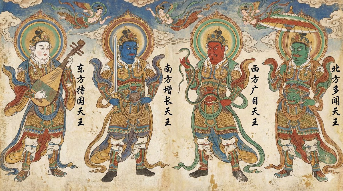 敦煌遗韵：威严赫赫的四大天王全景图 AI image prompt example