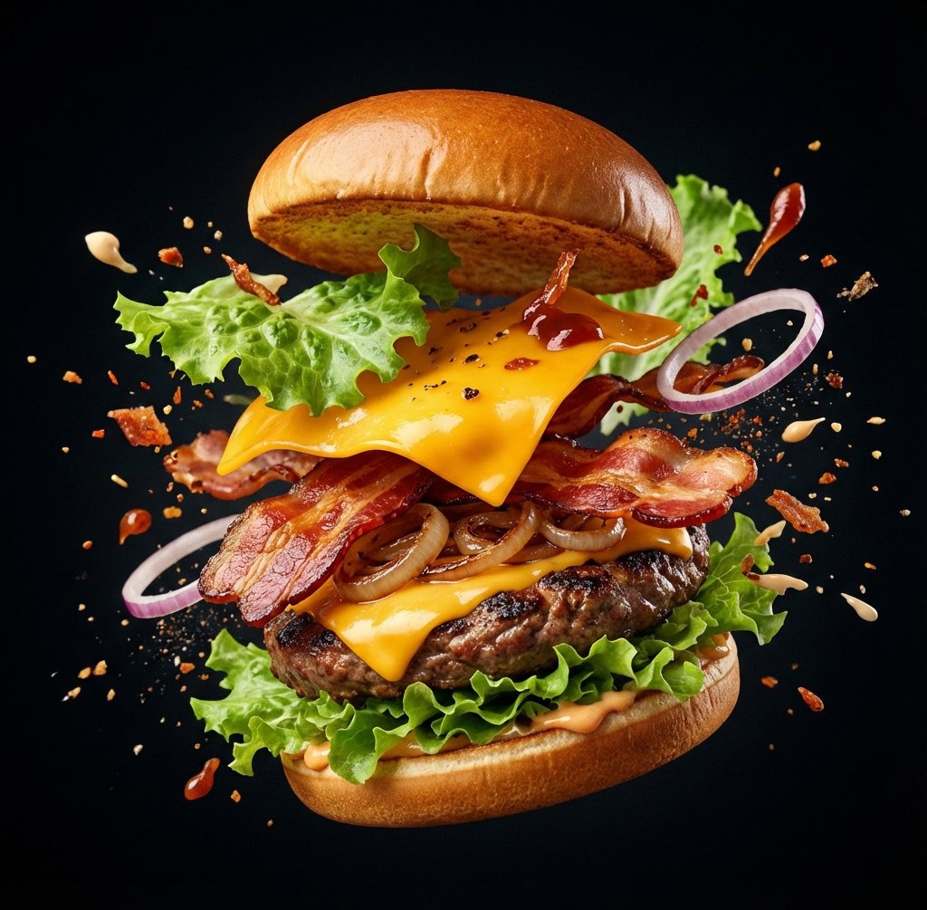 极致奢华的黑色背景美食爆炸特效海报 AI image prompt example
