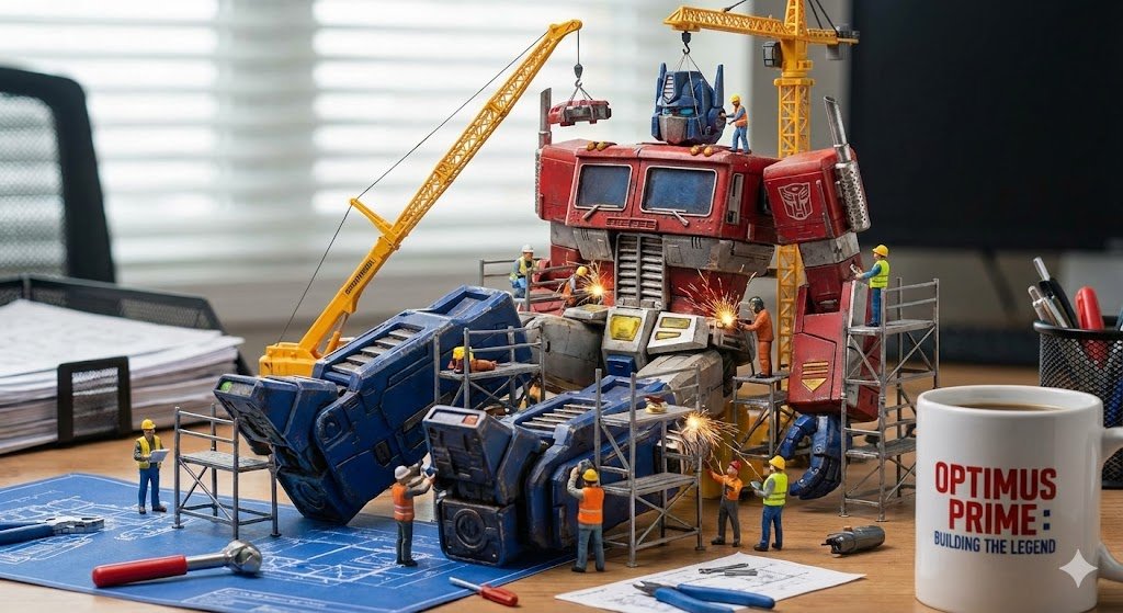 视觉震撼：微型施工队搭建产品的超写实创意大片 AI image prompt example