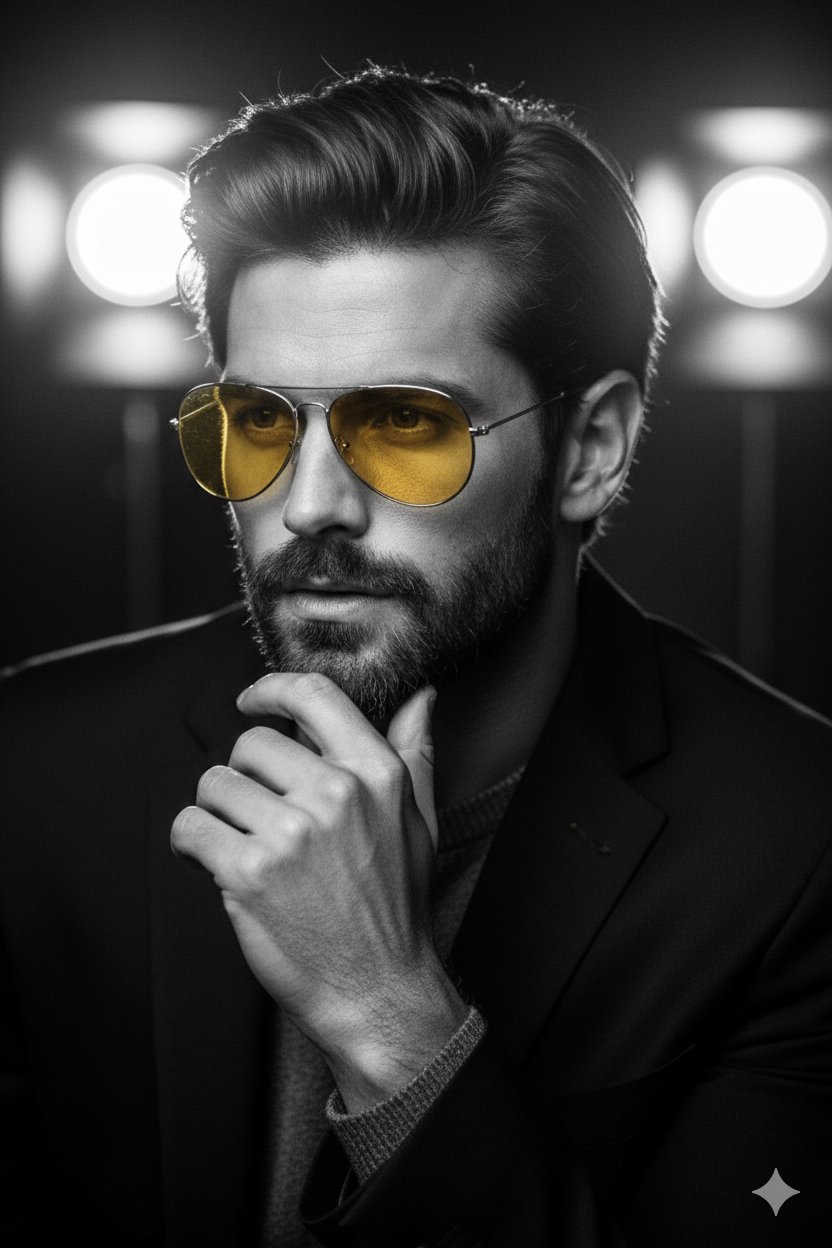 Film-noir portrait with amber sunglasses: GPT Image 2 prompt AI image prompt example