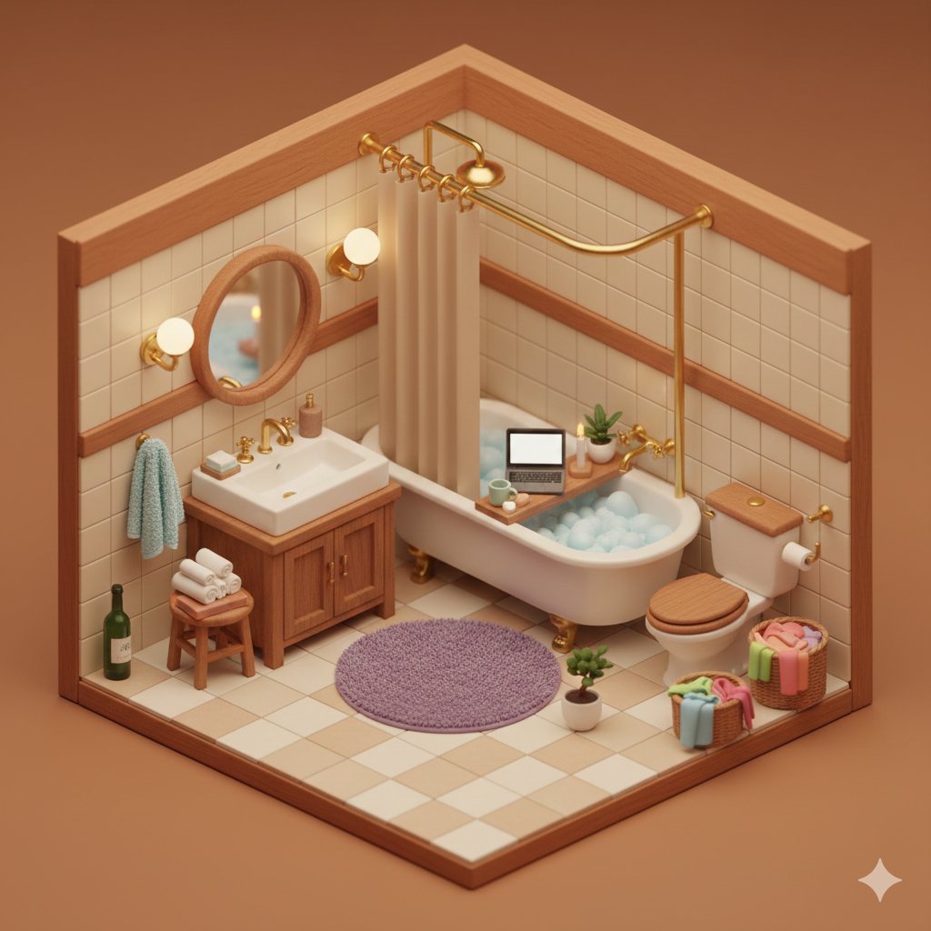 Cozy isometric bathroom diorama: GPT Image 2 prompt AI image prompt example