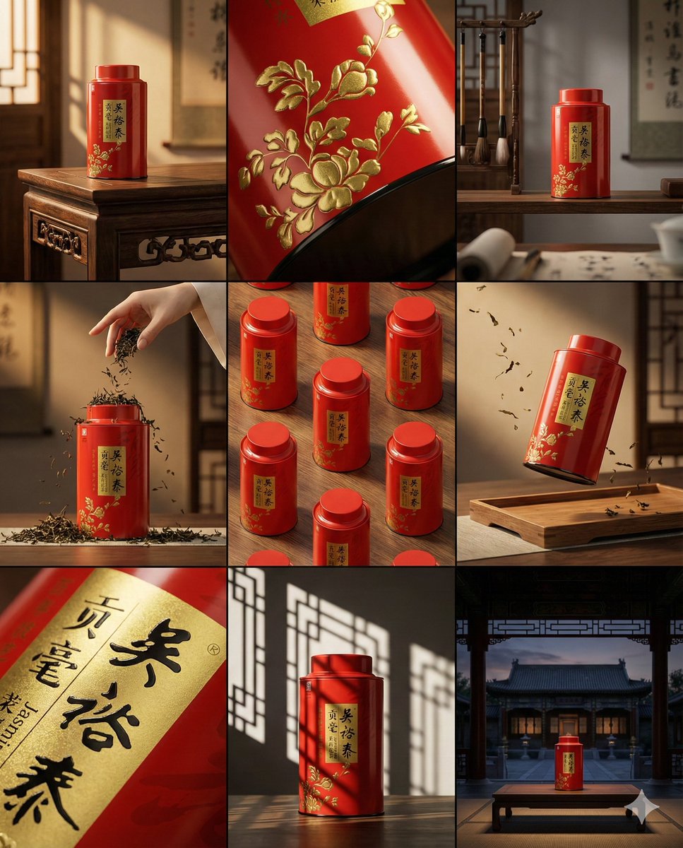 Red tea tin 3x3 grid: GPT Image 2 prompt AI image prompt example