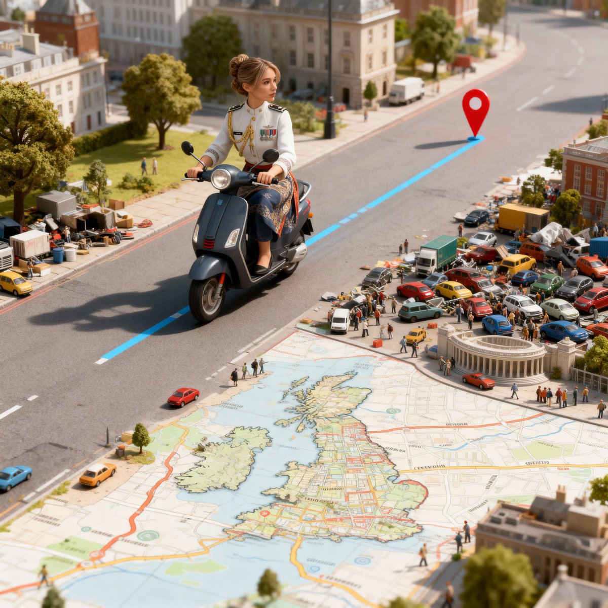GPS scooter UK chaos scene: GPT Image 2 prompt AI image prompt example