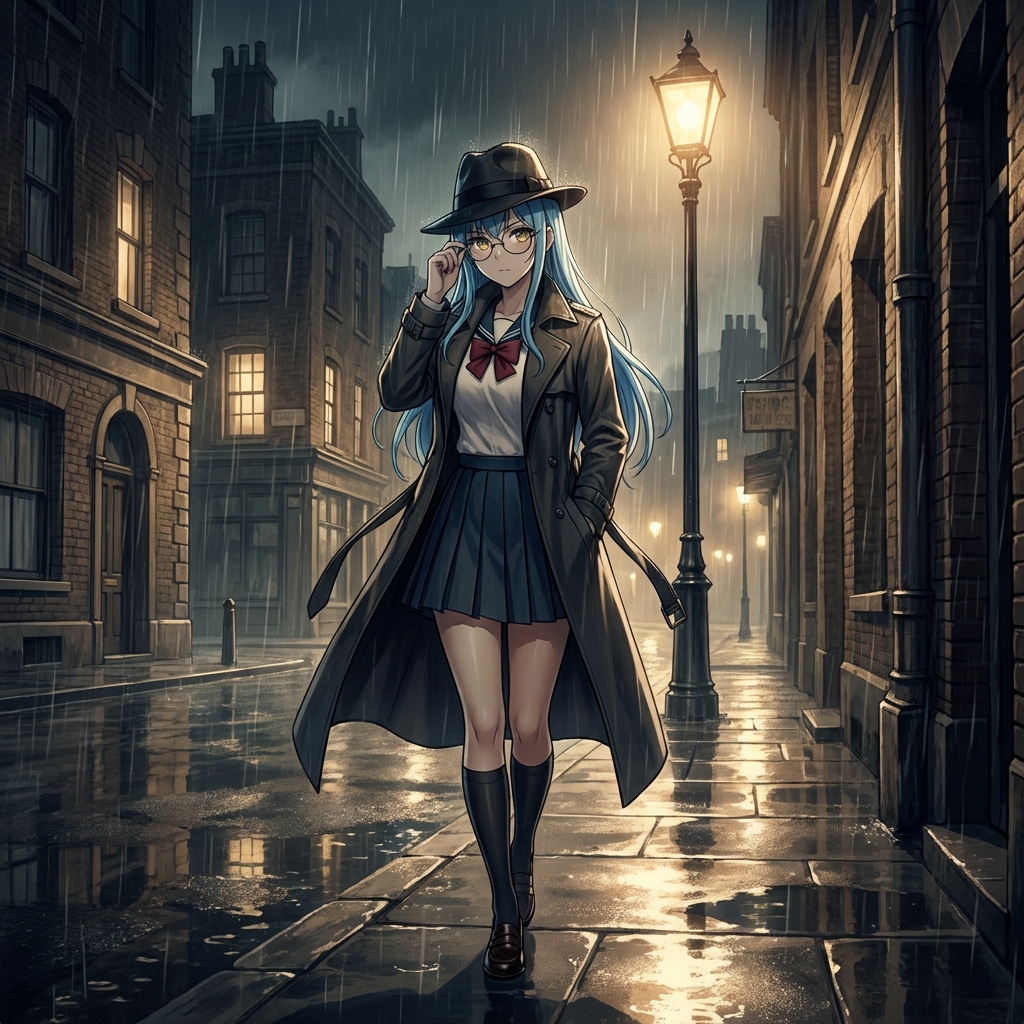 霓虹雨夜中无法掩盖的真相与侦探之眼 AI image prompt example