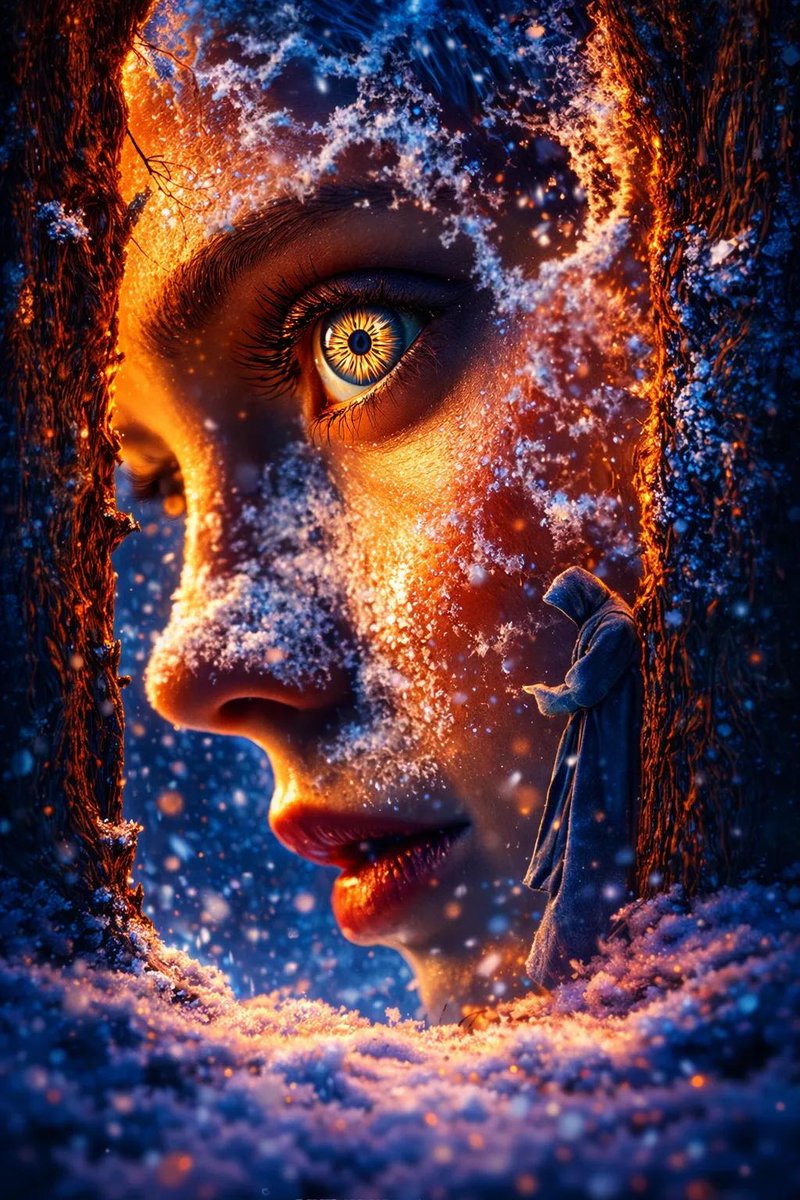 冰火交融的森林幻象与神秘金眼魔女 AI image prompt example