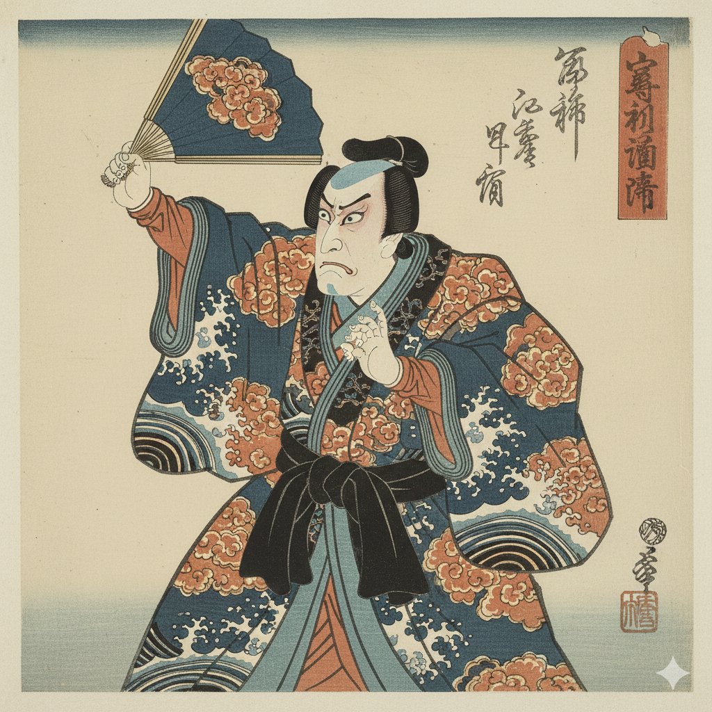 狂放写乐风浮世绘役者像 AI image prompt example