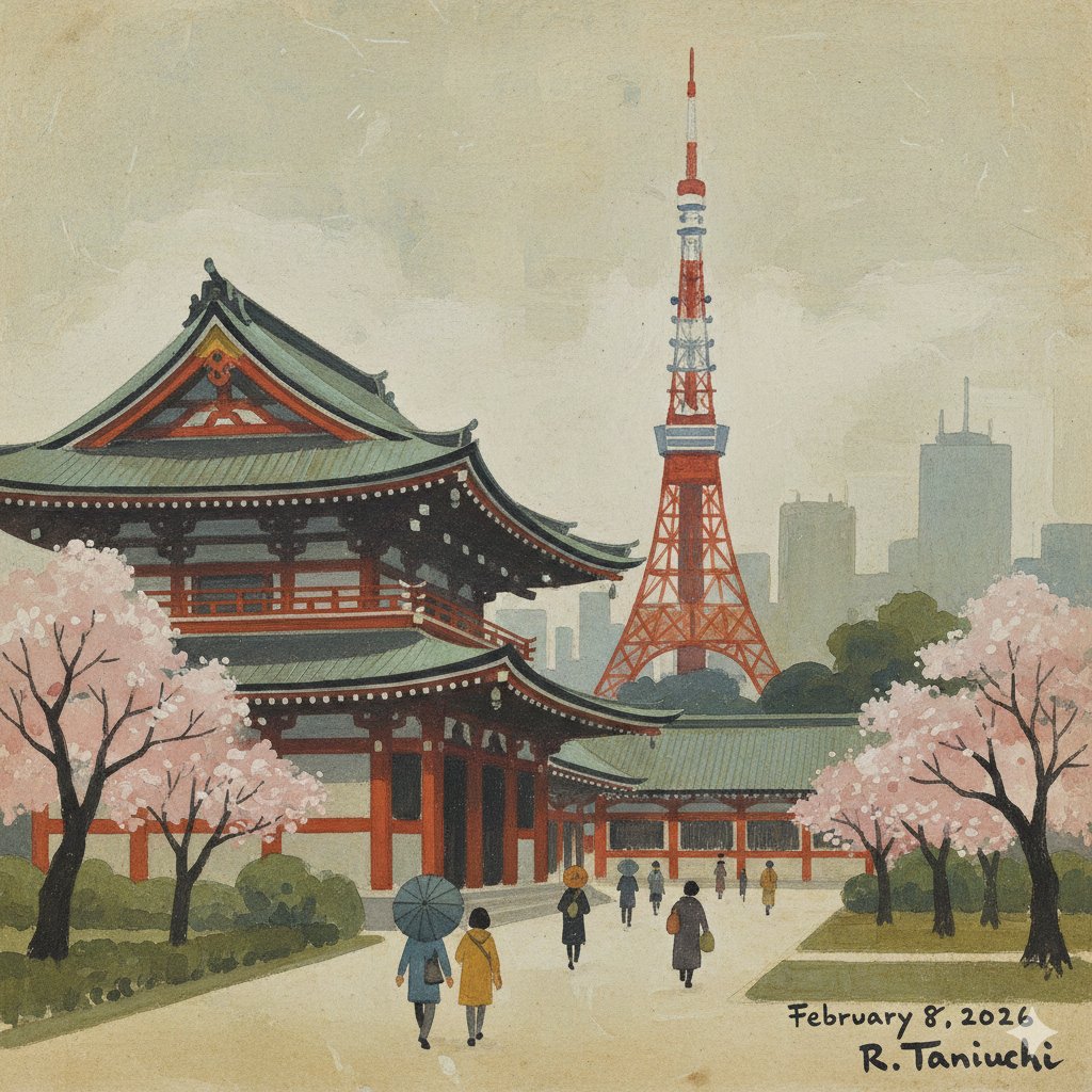 谷内六郎风格绘制的增上寺 AI image prompt example