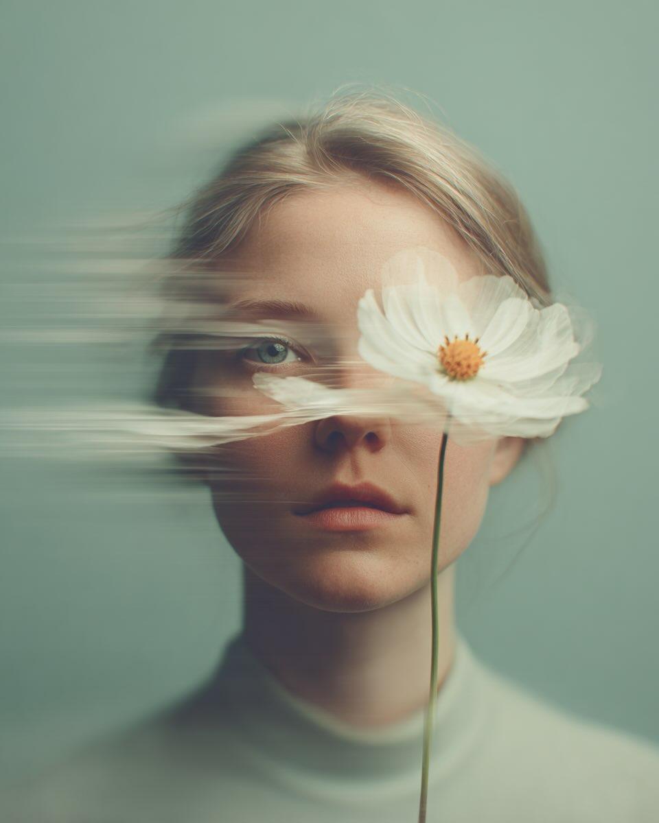 灰绿花影中梦幻少女肖像 AI image prompt example