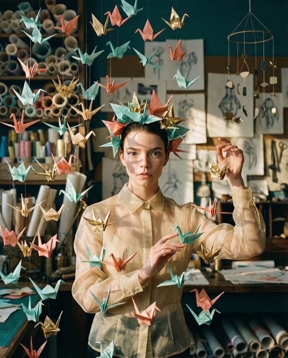 悬浮纸鹤环绕的空灵纸艺写真 AI image prompt example