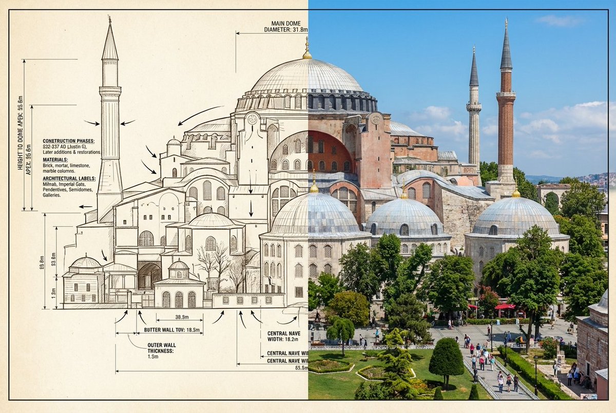 圣索菲亚大教堂：建筑蓝图与实景对比 AI image prompt example