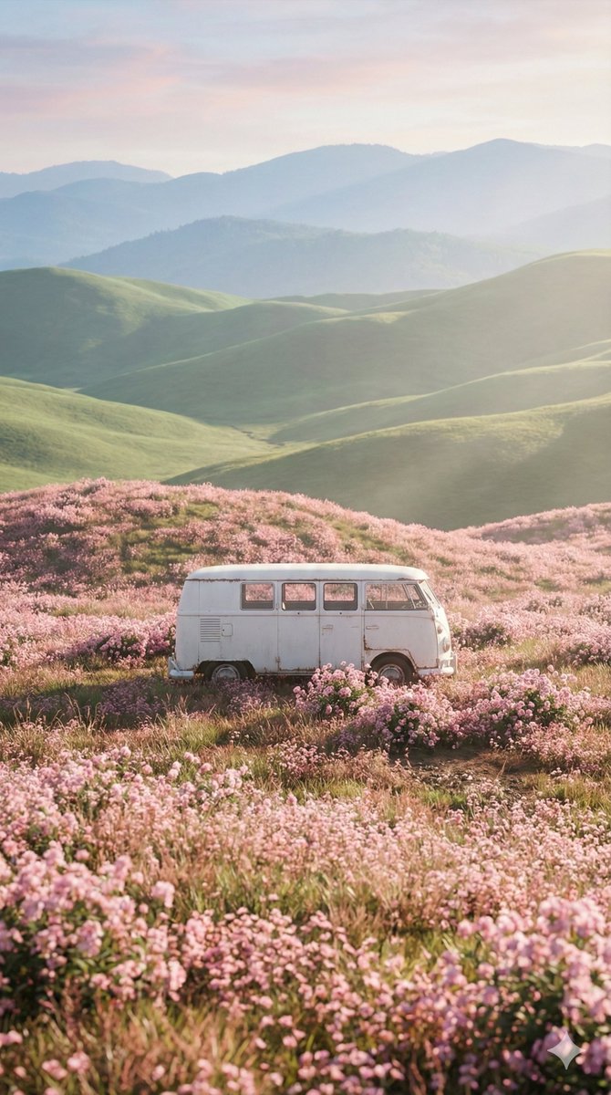 漫山粉红花海中的白色复古面包车 AI image prompt example