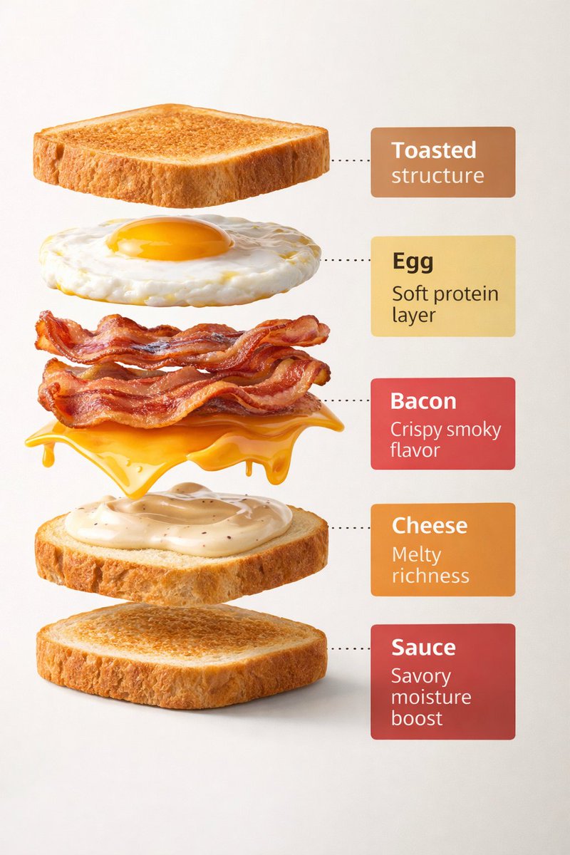 旋转爆炸图：早餐三明治食材解构 AI image prompt example