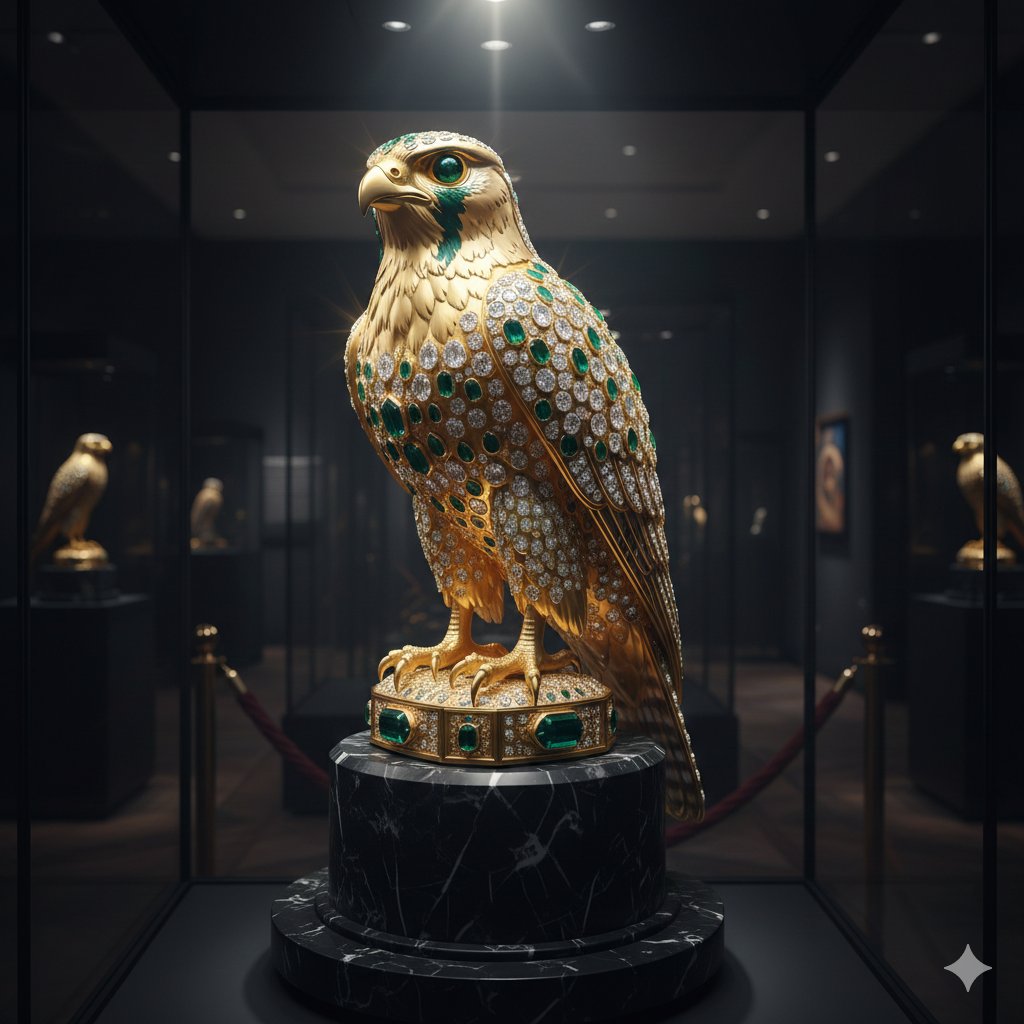 璀璨宝石镶嵌的金猎鹰雕塑 AI image prompt example