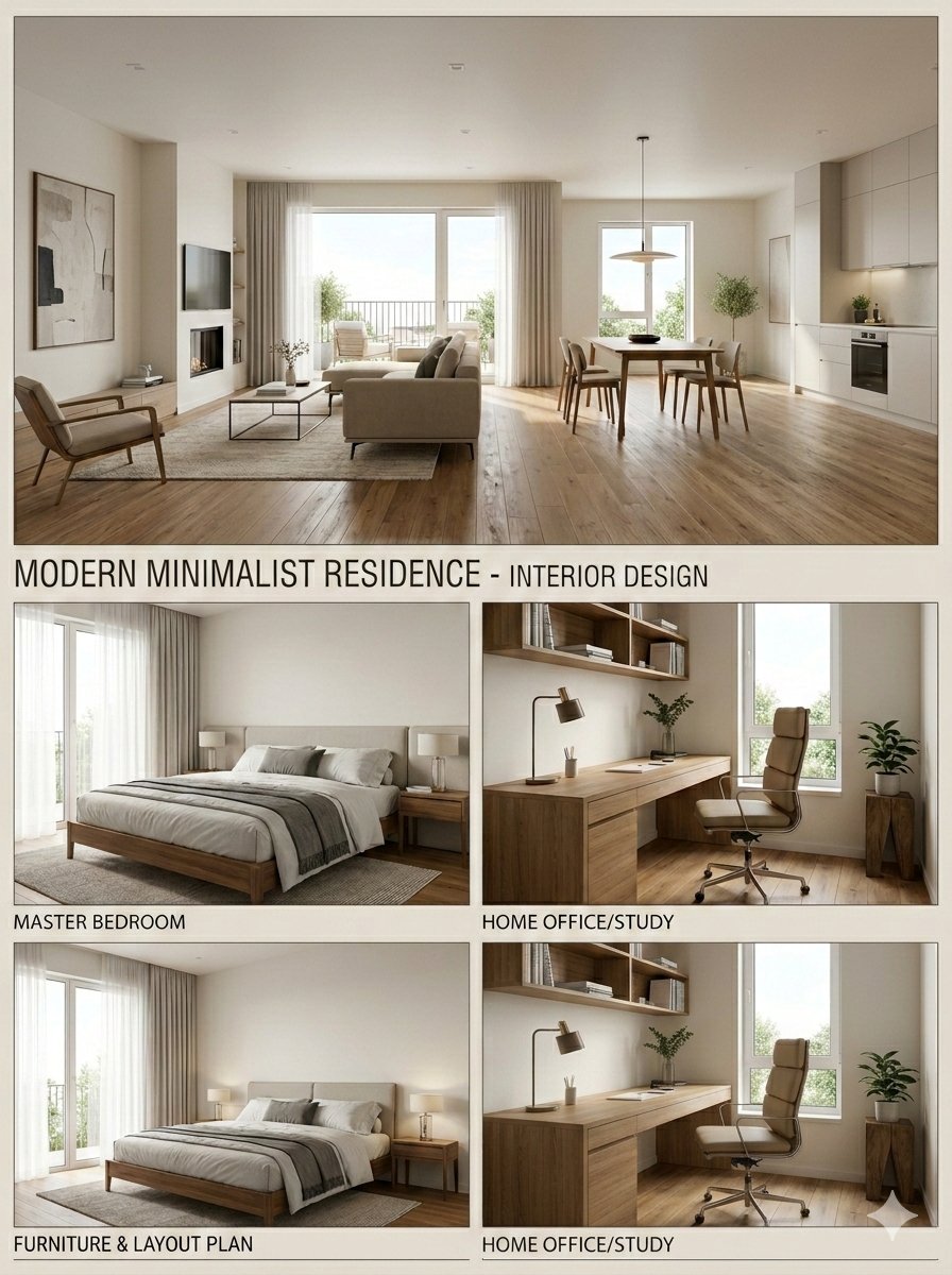 现代极简全屋多视角设计展板 AI image prompt example