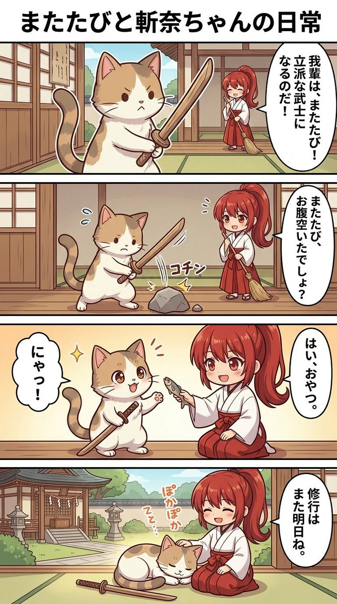 红发少女与猫咪的温馨四格日常 AI image prompt example