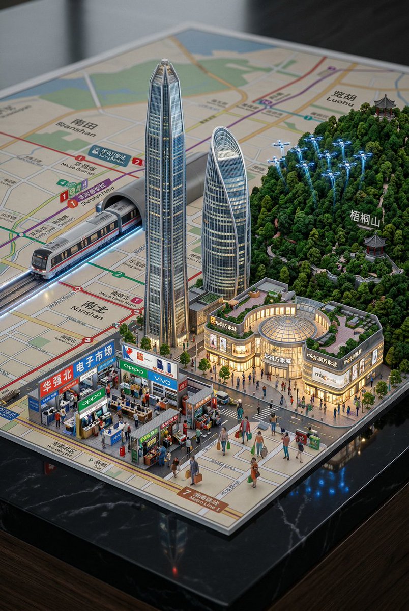 从地图拔地而起的深圳3D微缩城市景观 AI image prompt example