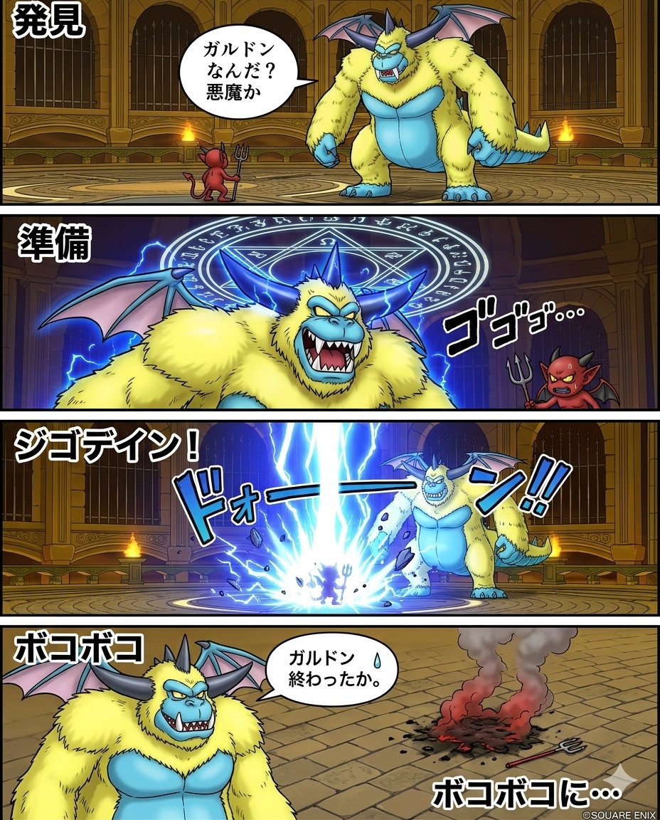 震惊！加尔多顿暴揍恶鬼四格漫画 AI image prompt example