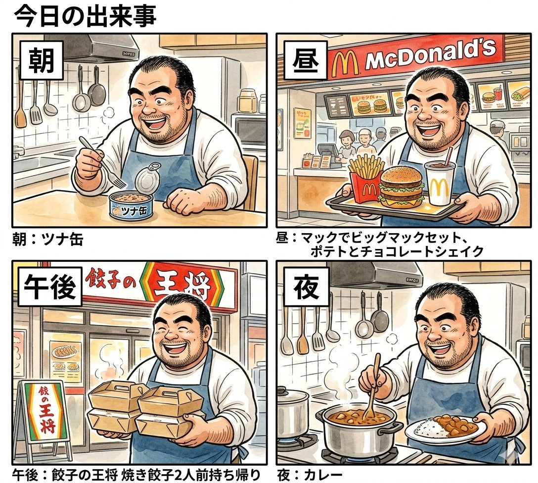 吃货的一天四格美食记录 AI image prompt example