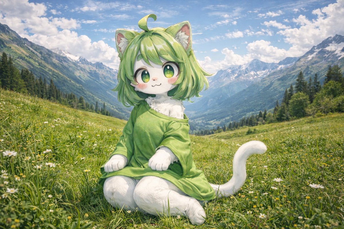 阿尔卑斯草甸中的写实风动漫猫娘 AI image prompt example