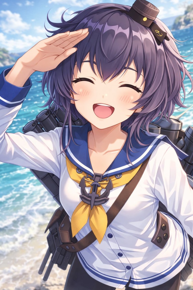 海滩上敬礼的动漫舰娘 AI image prompt example