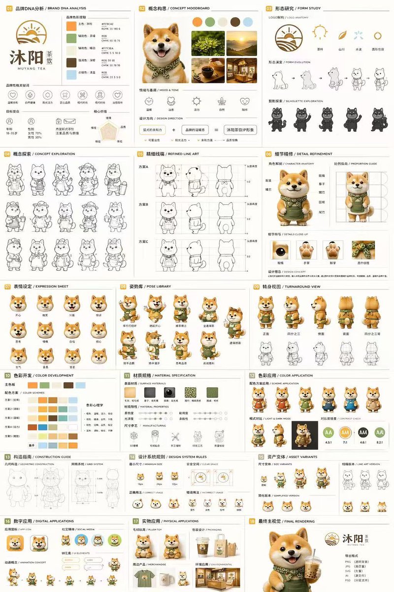 18-Panel Mascot Brand Identity Document AI image prompt example
