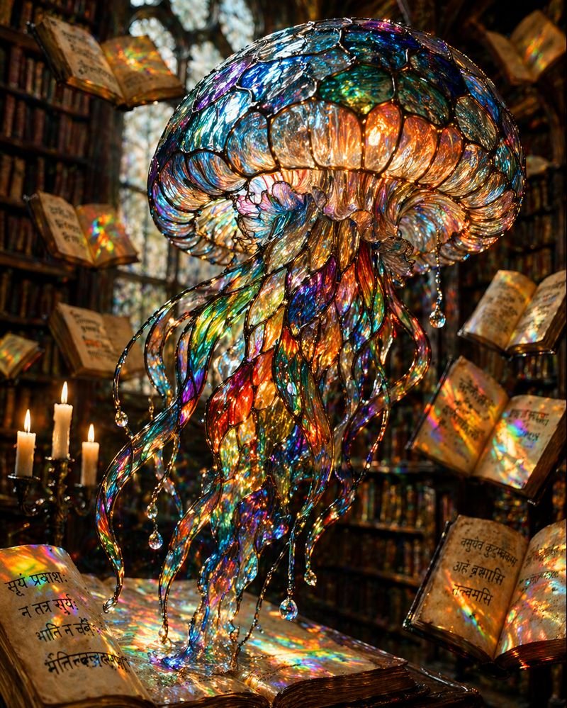 微距彩色玻璃水母 AI image prompt example