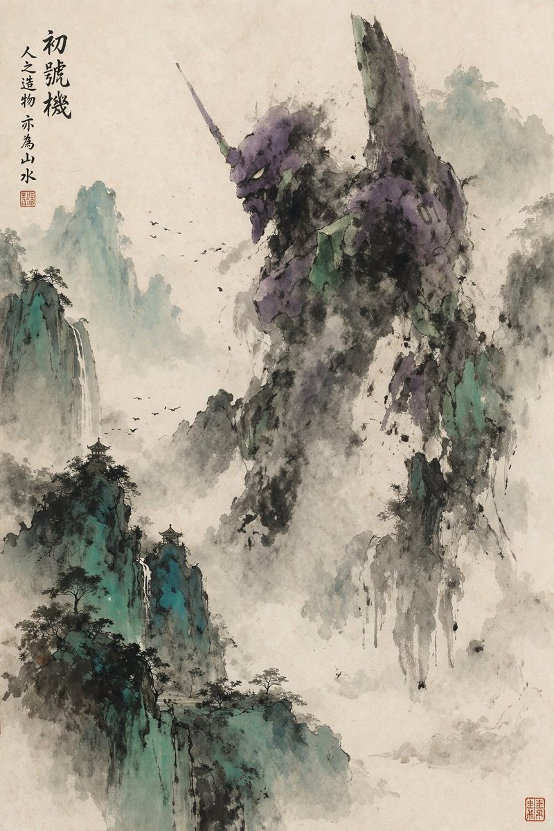 水墨机甲山水 AI image prompt example