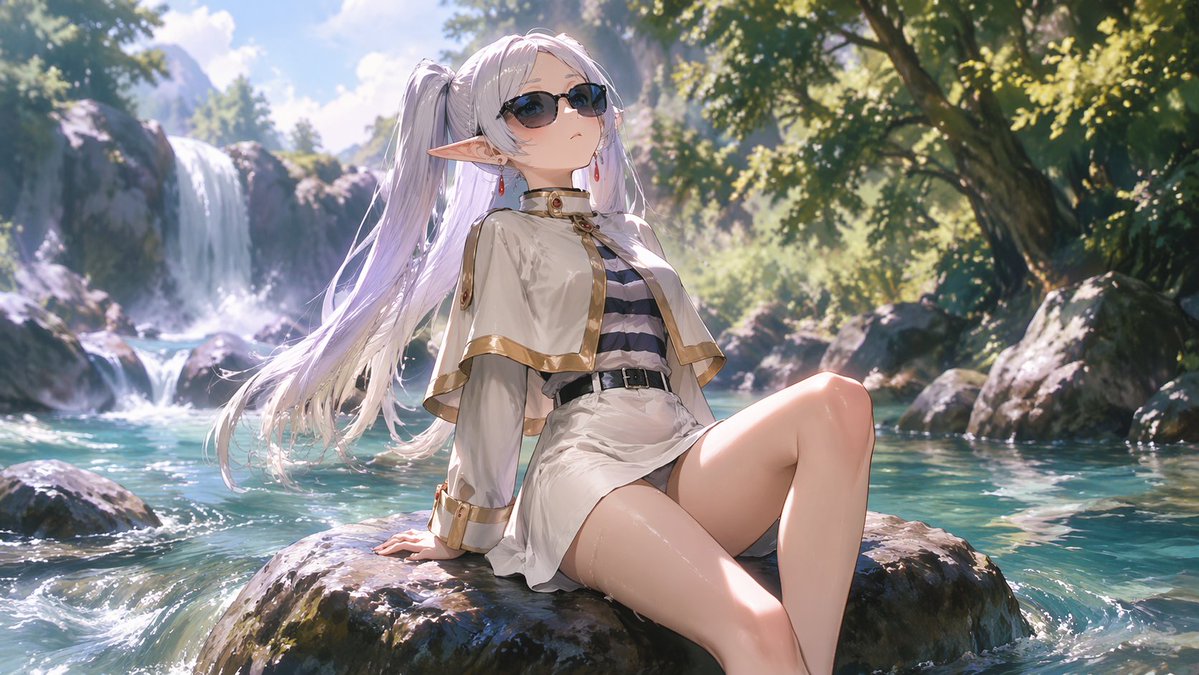在森林溪流中放松的动漫精灵少女 AI image prompt example