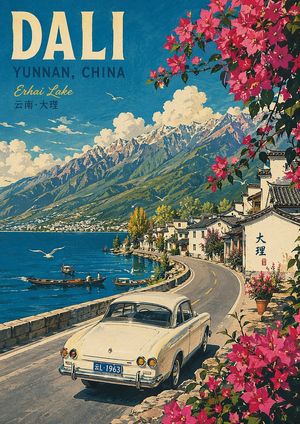Vintage Travel Poster Illustration AI image prompt example