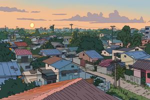 Ligne Claire 郊区景观 AI image prompt example