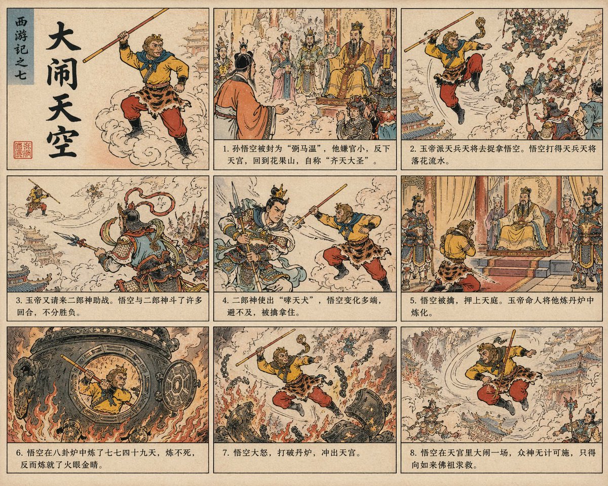 以中国连环画（小人书）的风格帮我绘制大闹天空 AI image prompt example