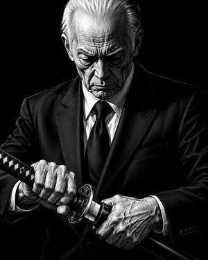 Elderly Yakuza Drawing Katana AI image prompt example