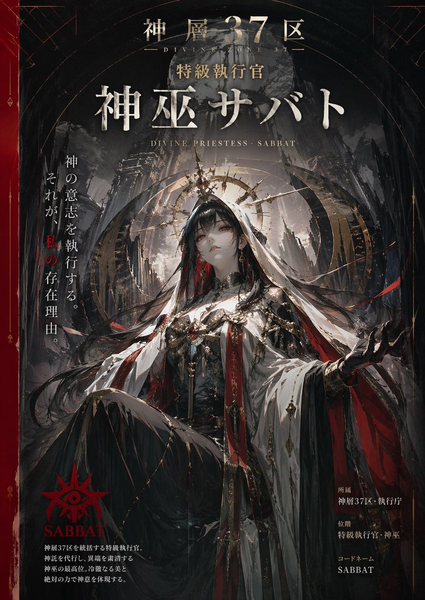 「神層37区　特級執行官　神巫サバト」この名称のキャラクターと世界観に合ったビジュアルイメージを、プロのデザイナーとして縦長のポスターイメージとして制作して AI image prompt example