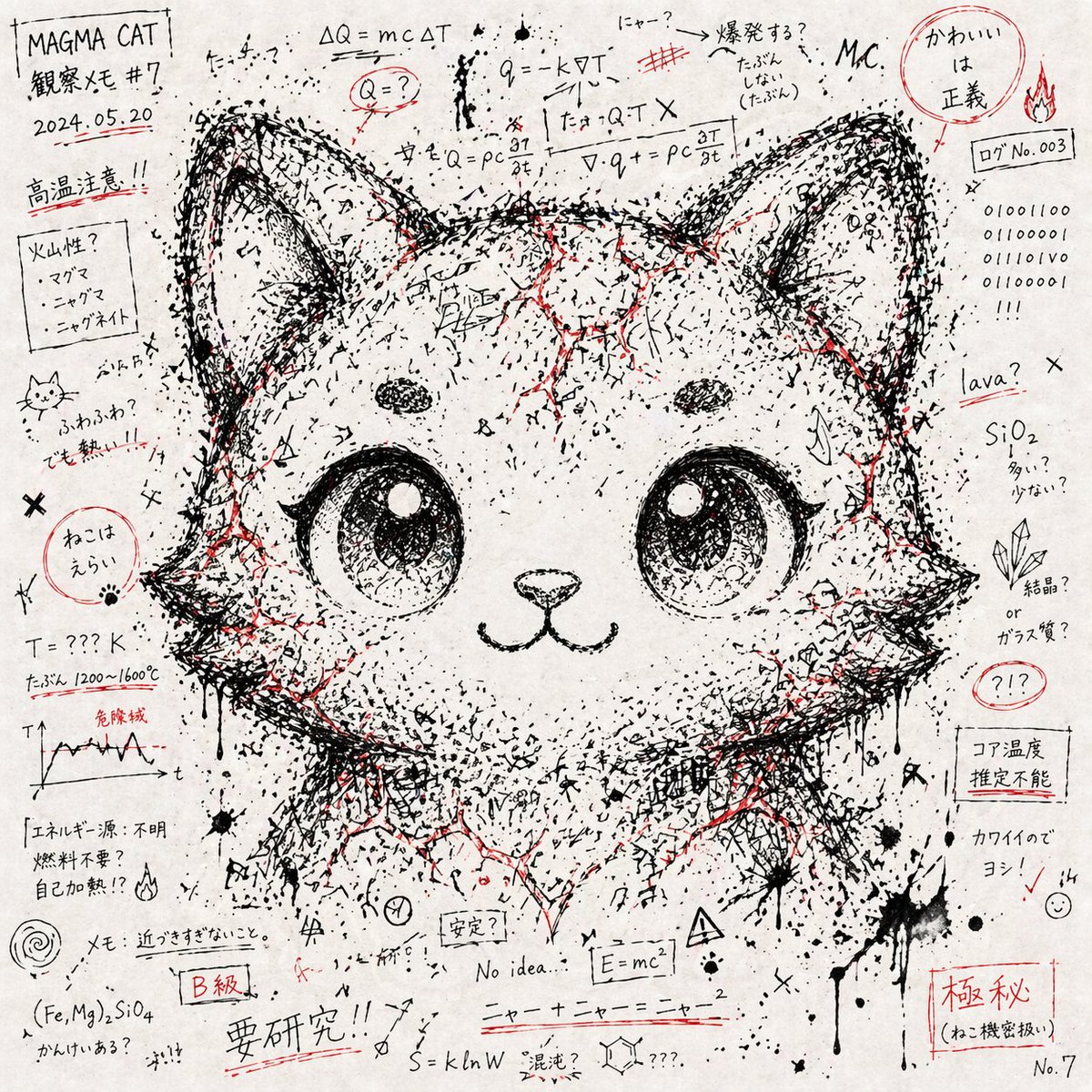 # 混沌としたメモ書き・記号の集合体からキャラクターの顔を浮かび上がらせるアート AI image prompt example
