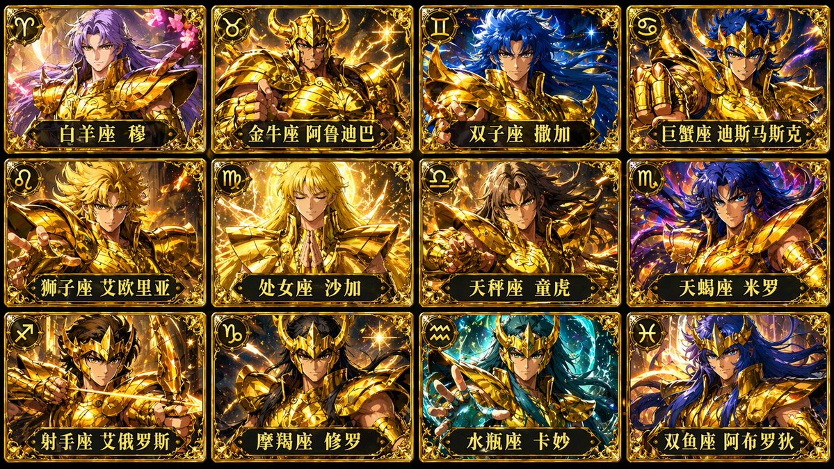 生成圣斗士星矢12个黄金圣斗士的12宫格卡牌图片，每张卡牌上写上对应的中文名，每行4个，宽高比16:9。 AI image prompt example