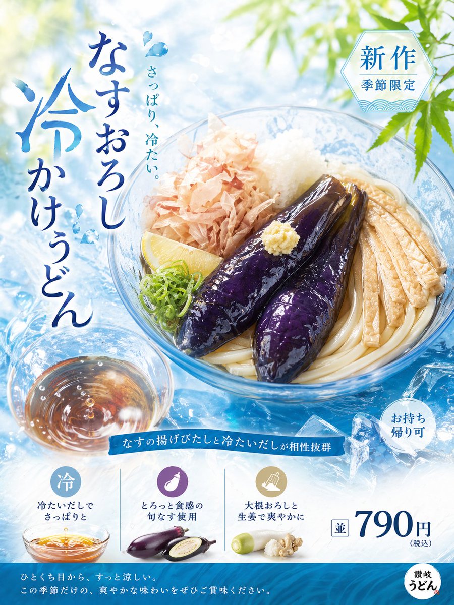 少し暑くなってきた今の時期に、さわやかにさっぱりしたい、みずみずしさ、みたいなところをもっと強く感じたい。冷たいうどんやナス、つゆを口に含んだ時の爽快感、みた… AI image prompt example