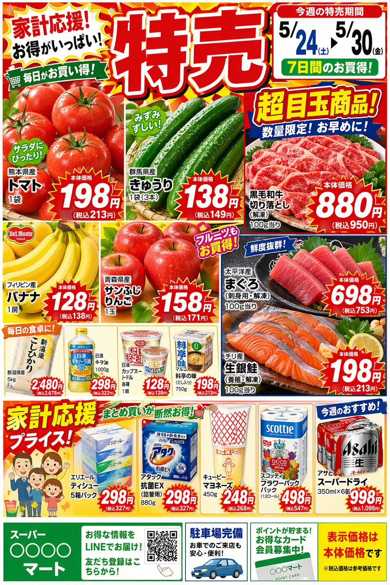 『賑やかで魅力的なスーパーマーケットの折り込みチラシの画像。上部には「特売」の大きな文字と今週の日付。カラフルな商品写真（野菜・果物・牛肉・鮮魚）、赤枠の価格… AI image prompt example