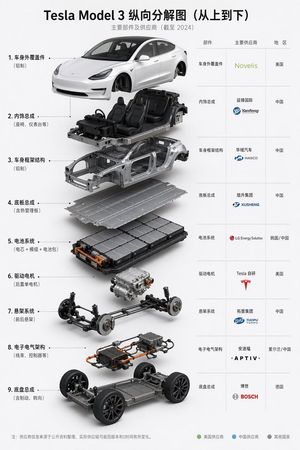 Tesla Model 3 拆解供应商信息图 AI image prompt example