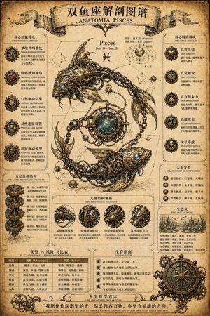 蒸汽朋克风格黄道十二宫解剖海报 AI image prompt example