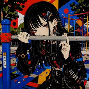 游乐场栏杆旁的哥特风动漫少女 AI image prompt example