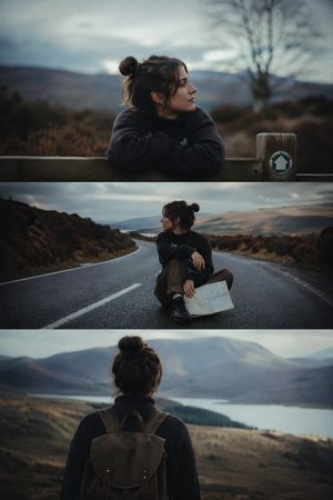 电影感 3 帧单人旅行剧照 AI image prompt example