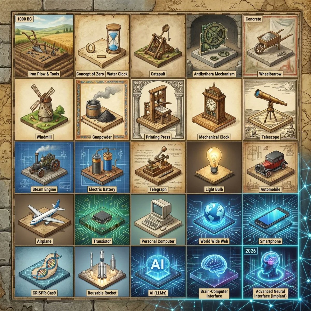Historical Invention Timeline Grid AI image prompt example