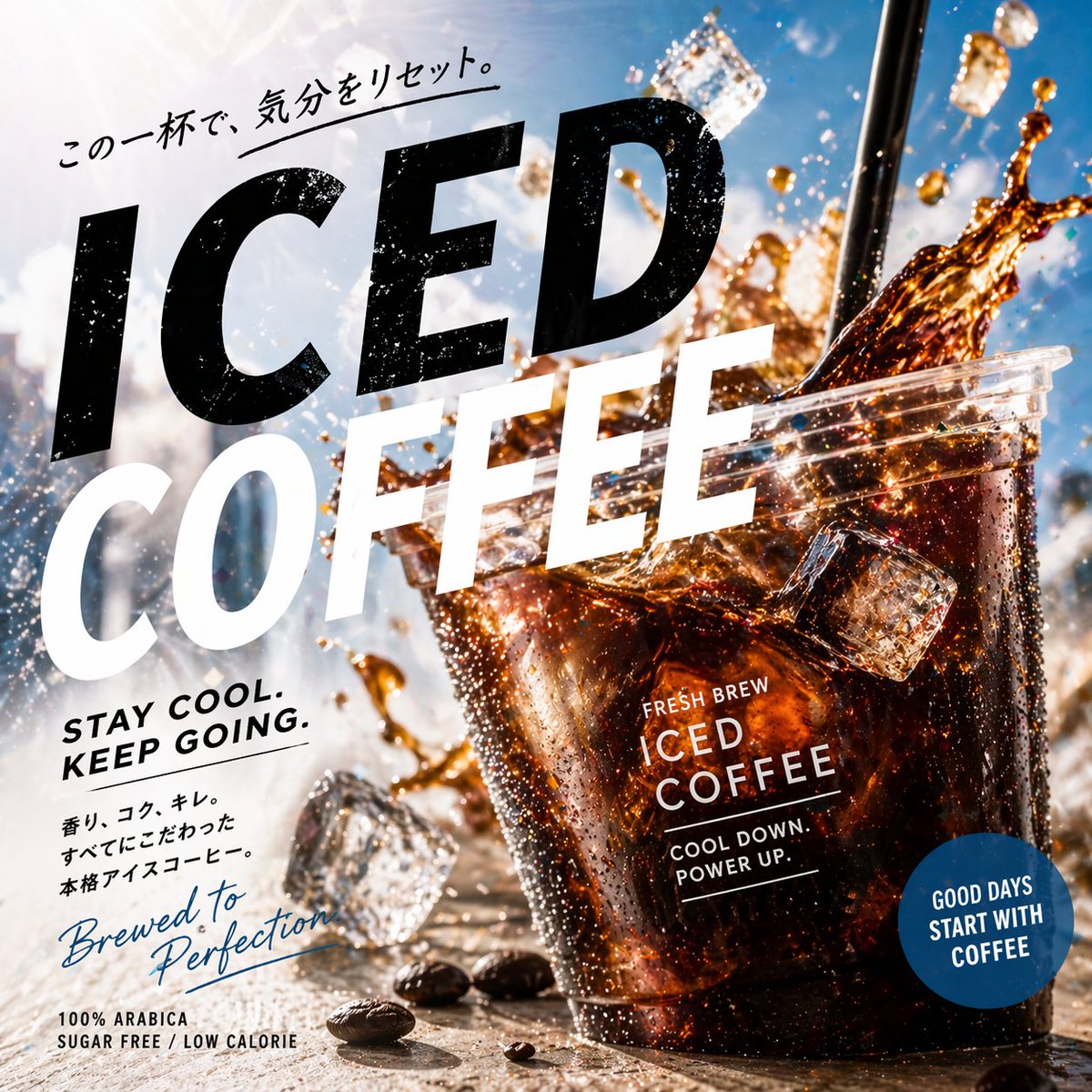 Modern Iced Coffee Advertisement Design AI image prompt example