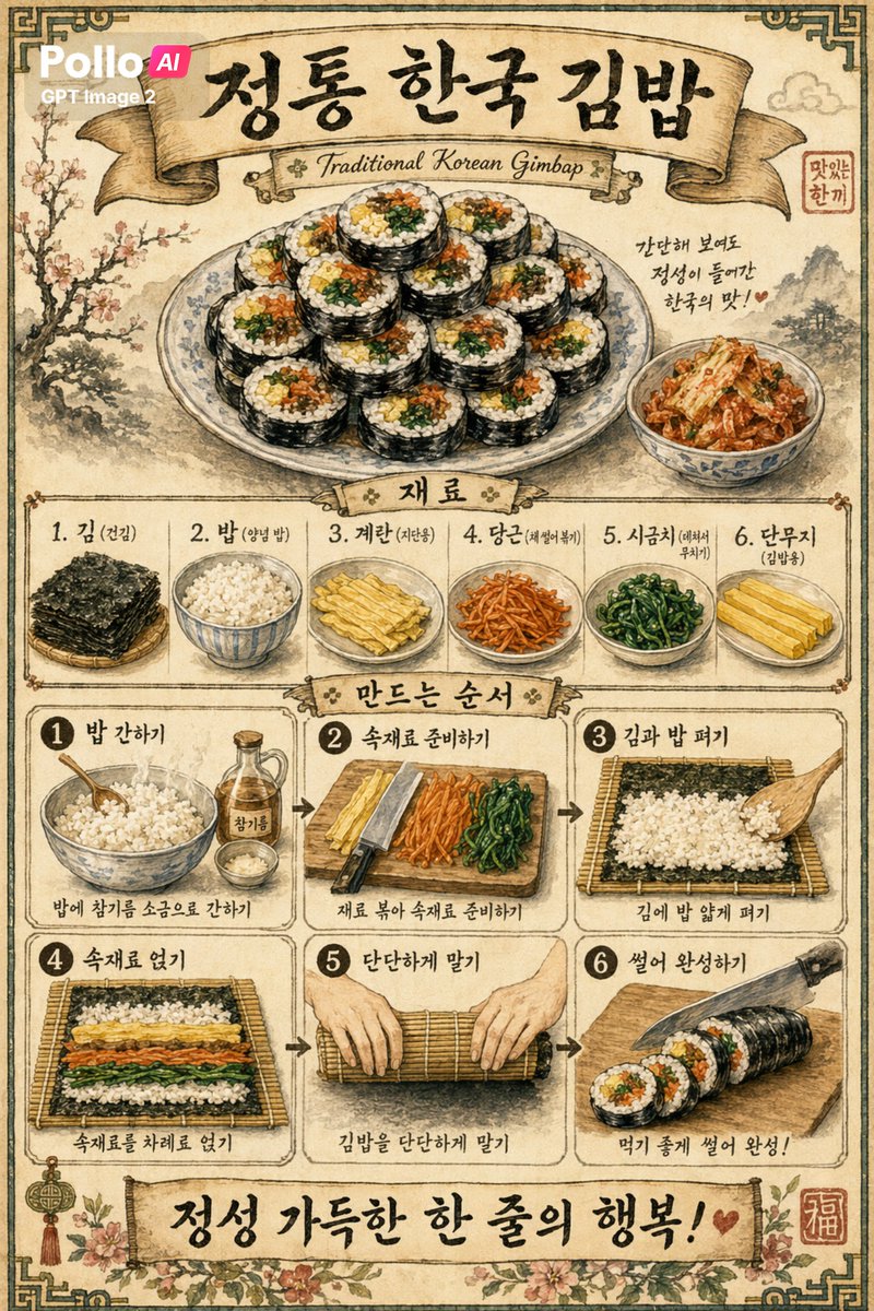Vintage Korean Gimbap Recipe Poster AI image prompt example