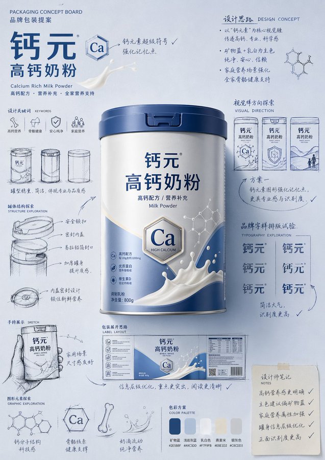 手绘草图包装提案板设计海报 AI image prompt example